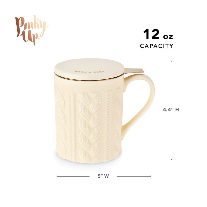 Pinky Up Annette Loose Leaf Tea Cup, Ceramic Travel Mug with Infuser and Lid, for Work, Office, Picnic, Camping, Outdoor Party, Spa Day, 12 oz, Set of 1, Knit Design - Image 4